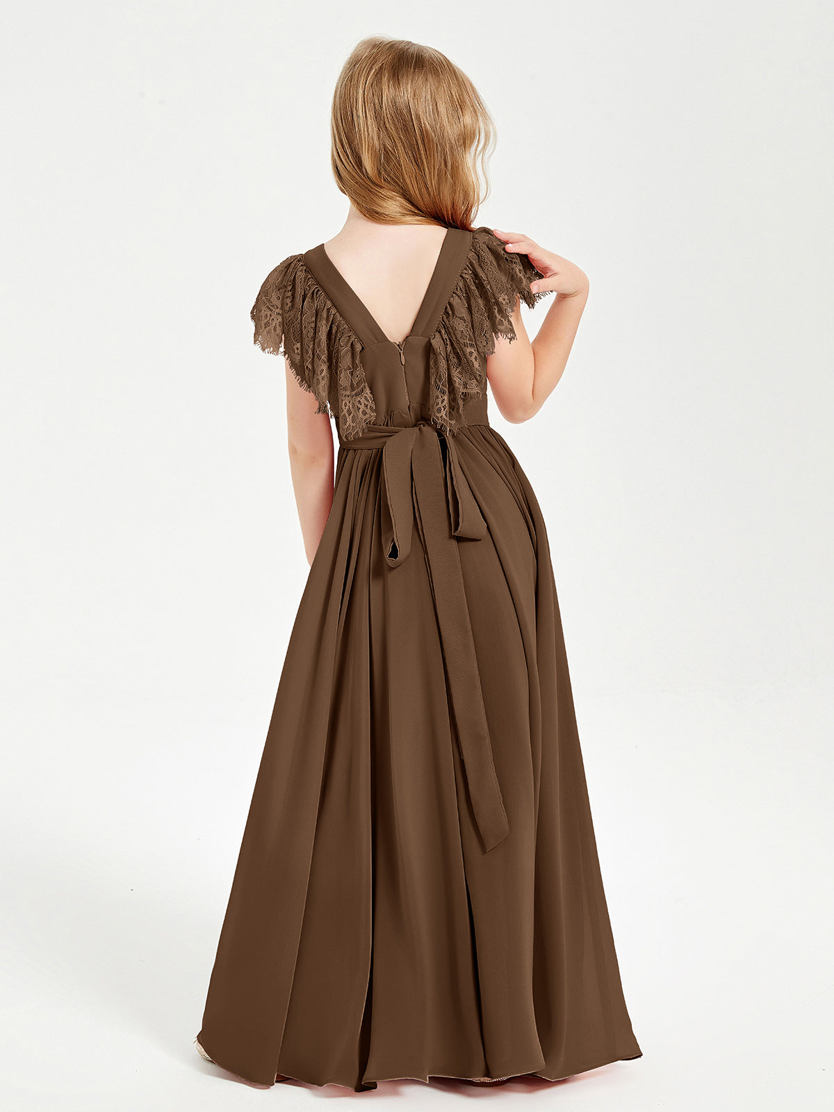 Chiffon Junior Bridesmaid Dresses with Lace Flutter Sleeves Brown